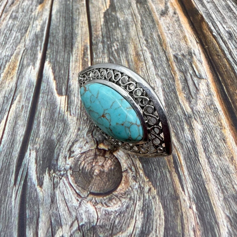 Boho Turquoise Oval Statement Ring Silver Tone Filigree Adjustable Vintage Gift